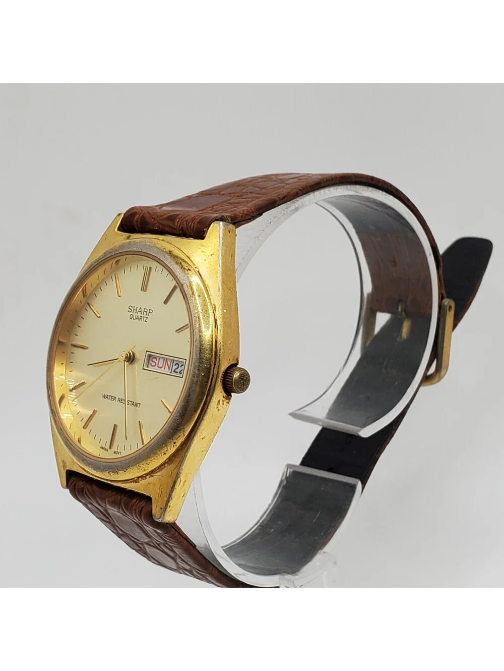 Vintage Sharp Quartz Watch 34mm Day/Date Dial Gold Tone New Battery